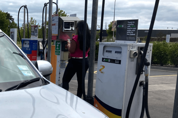 woman standing a petrol pump